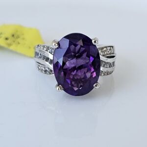 Natural African Amethyst & Zircon  Sterling Silver Ring Platinum Overlay Sz 7